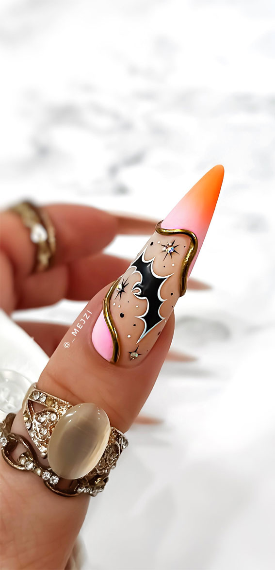 Dazzling Halloween Nails that Turn Heads : Bat + Sparkles + Orange Ombre Tip Stiletto Nails