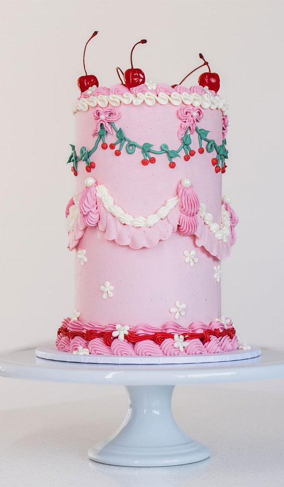 50 Lambeth Cake Ideas for Masterful Cake Decorating : Bow, Cherry & Daisy Pretty Cake