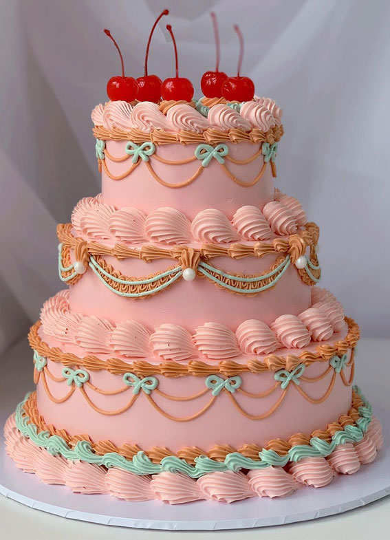 50 Lambeth Cake Ideas for Masterful Cake Decorating : Pink, Burnt Orange & Turquoise Cake