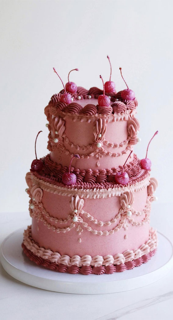 50 Lambeth Cake Ideas for Masterful Cake Decorating : Two-Tier Cake with Glitter Pink Cherries