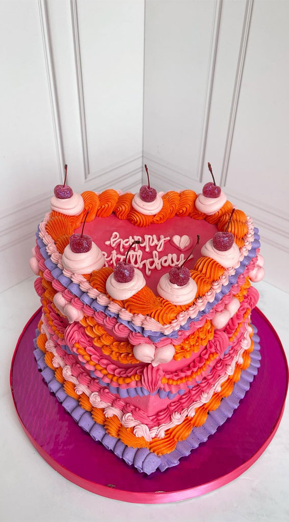 50 Lambeth Cake Ideas for Masterful Cake Decorating : Pink, Purple & Orange Vintage Cake
