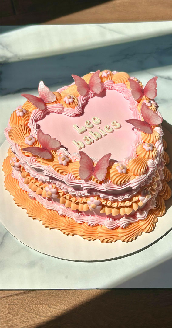 50 Lambeth Cake Ideas for Masterful Cake Decorating : Pink & Orange Heart Cake with Butterflies