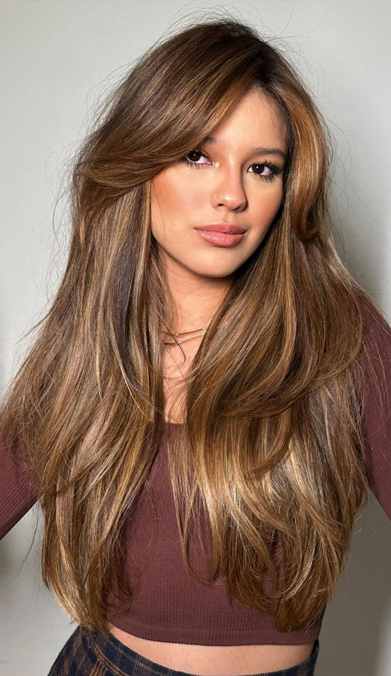 Interesting Hair Colour Ideas for Colder Months : Caramel Long Layers with Bangs