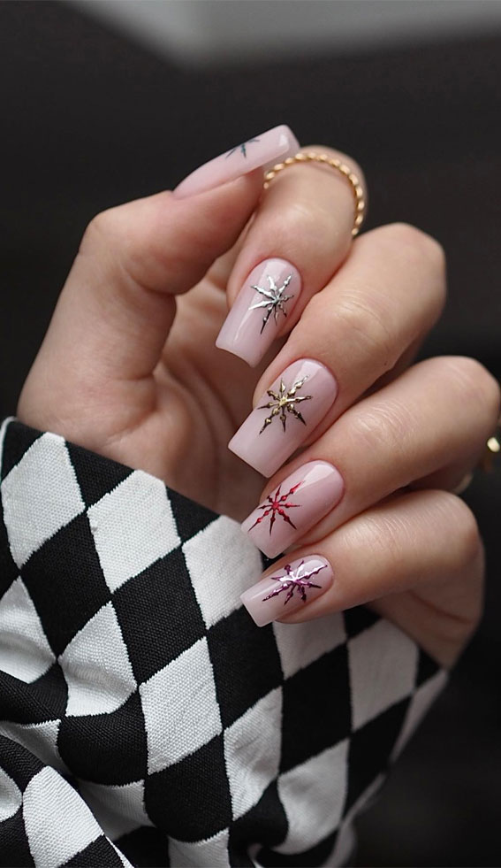 Magical Christmas Nail Art Inspirations : Chrome Snowflake on Natural Colour Nails