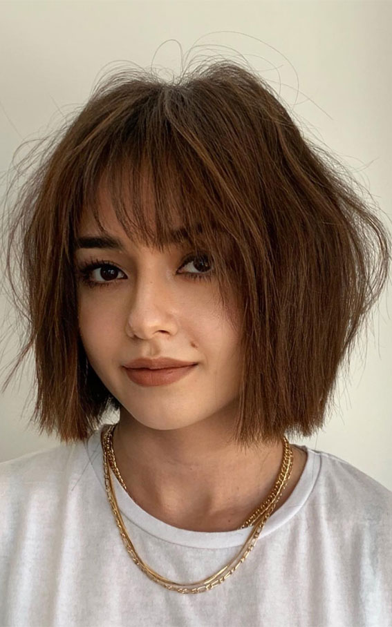 43 Structured Sophistication Bob Haircut Ideas : Textured Bob with Thin Fringe