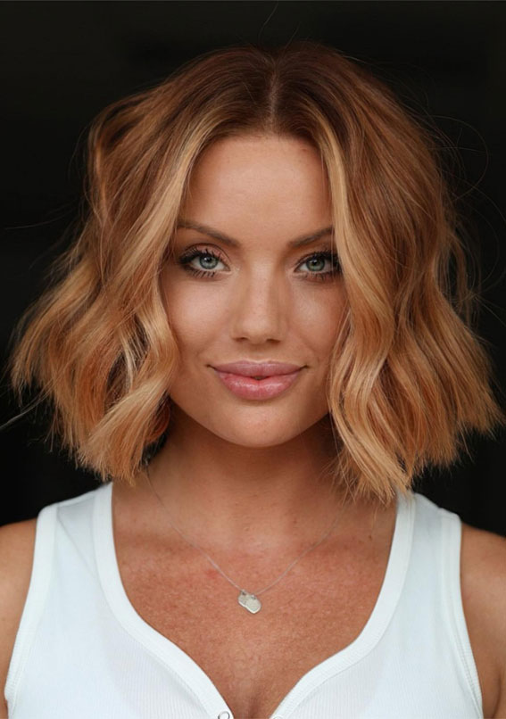 43 Structured Sophistication Bob Haircut Ideas : Copper Textured Bob with Honey Highlights