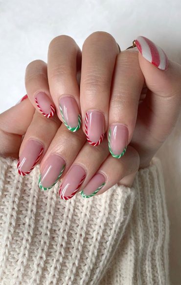 Glam Festive Christmas Nail Art Ideas Mint And Red Candy Cane French Tips