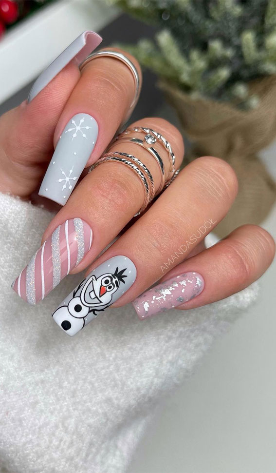 Glam Festive Christmas Nail Art Ideas : Grey & Pink + Snowman Nails