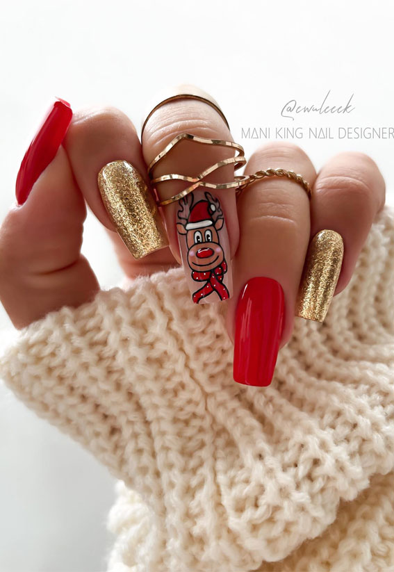 Glam Festive Christmas Nail Art Ideas : Reindeer, Red & Gold Nails