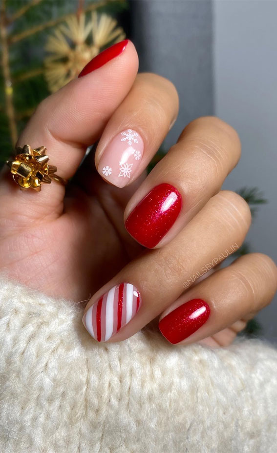 Glam Festive Christmas Nail Art Ideas : Candy Cane & Glossy Red Nails