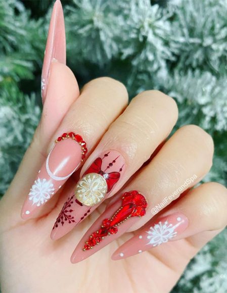 Magical Christmas Nail Art Inspirations Glam Red And White Stiletto Nails