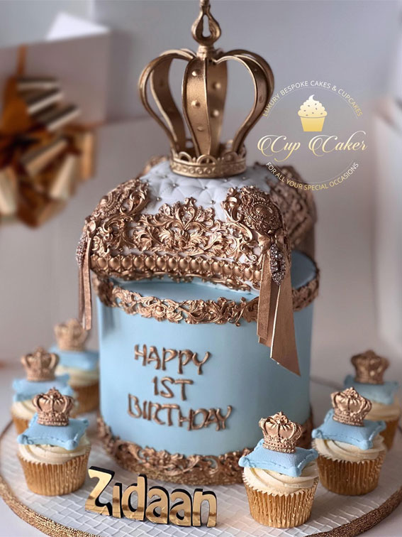 41 First Birthday Cake Ideas to Celebrate Milestone Moments : Blue & Gold Royal 1st Birthday Cake