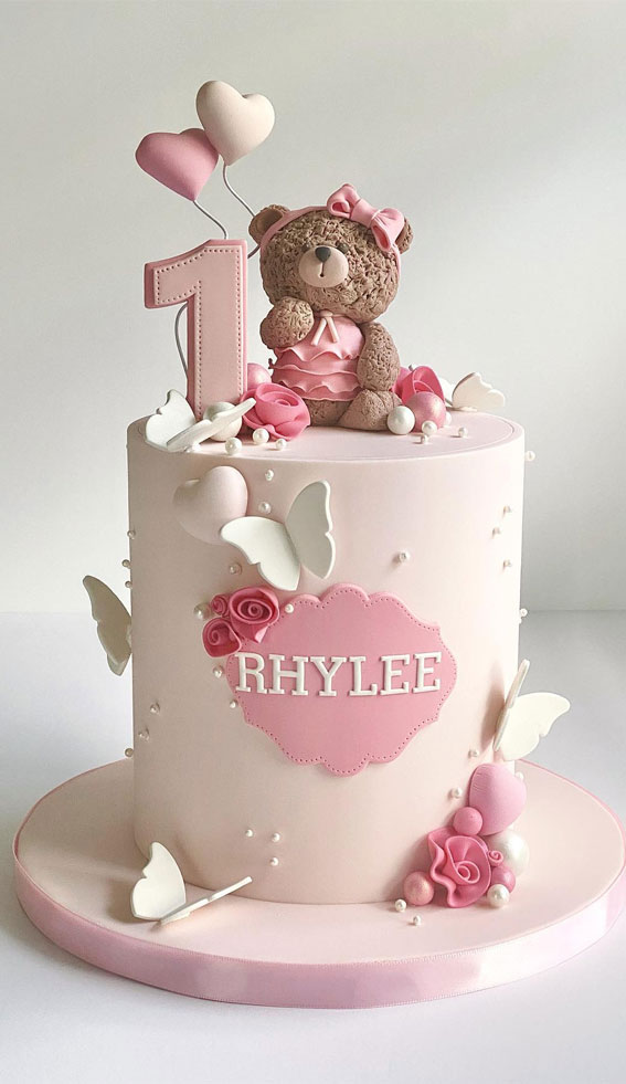 41 First Birthday Cake Ideas to Celebrate Milestone Moments : Teddy Bear + Heart-Shaped Balloons