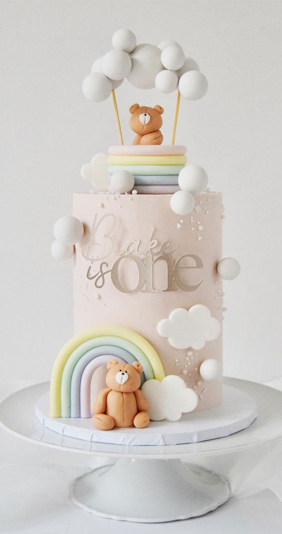 41 First Birthday Cake Ideas to Celebrate Milestone Moments : Pastel Rainbow Teddy Bear Cake