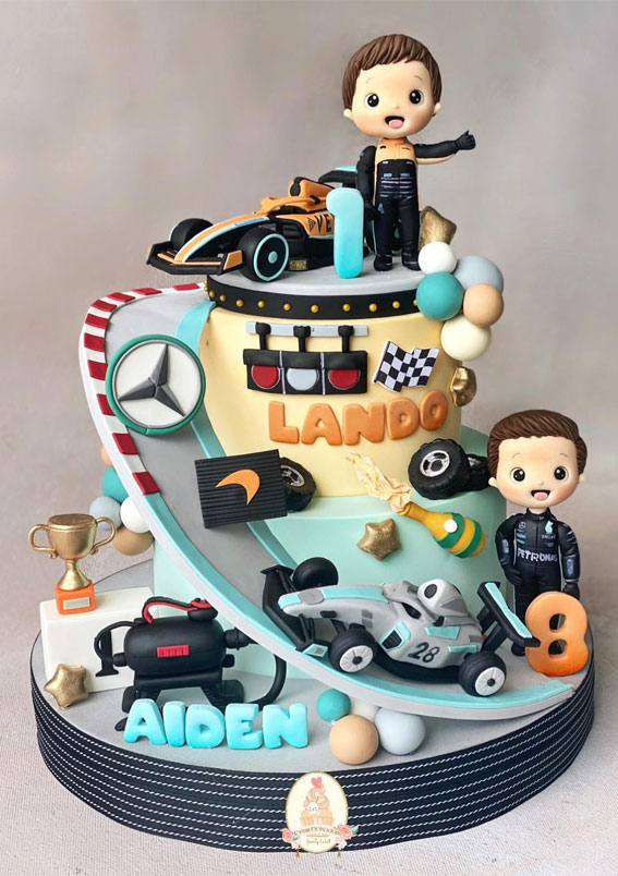 41 First Birthday Cake Ideas to Celebrate Milestone Moments : Racing-Themed Cake for Brothers