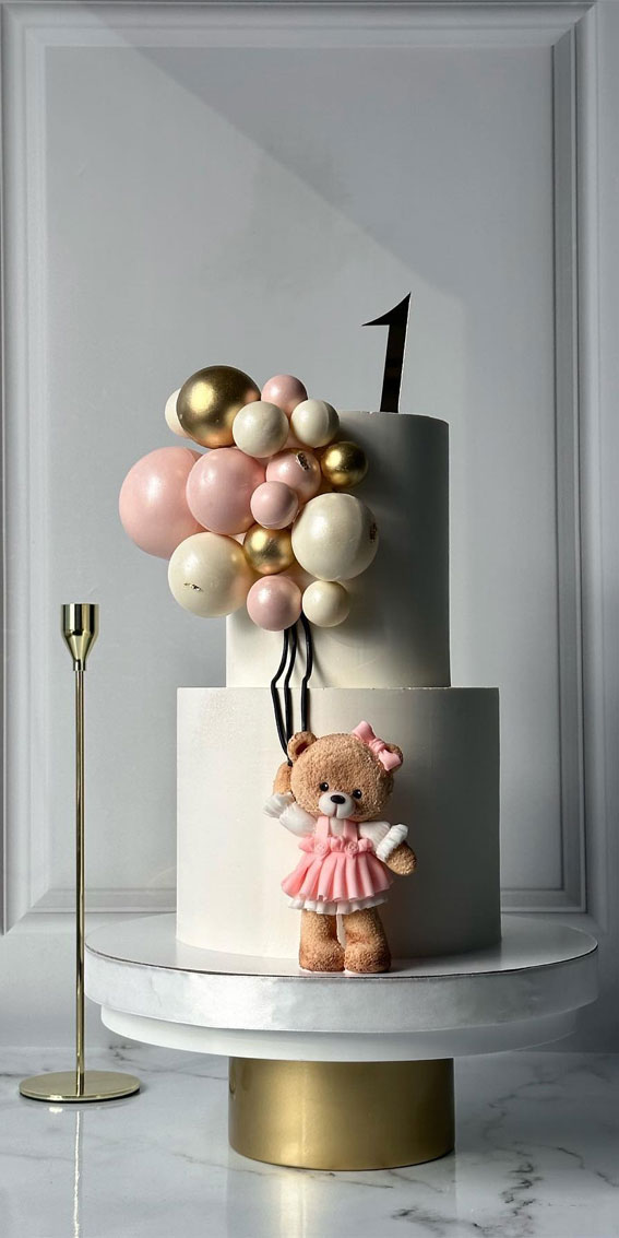 41 First Birthday Cake Ideas to Celebrate Milestone Moments : Girly Teddy Bear & Balloons