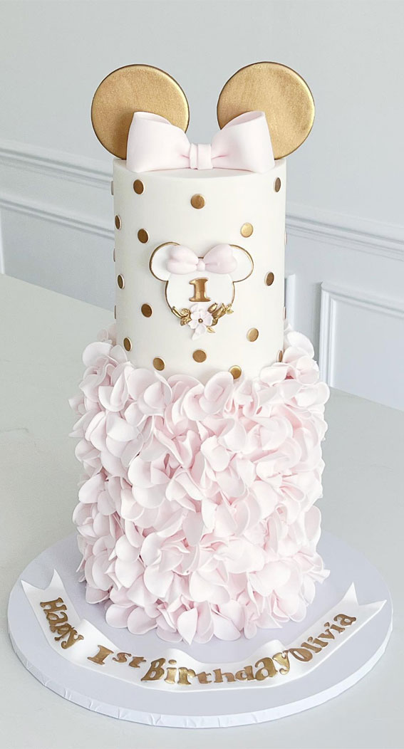 41 First Birthday Cake Ideas to Celebrate Milestone Moments : Gold & Soft Pink Minnie Inspired Cake