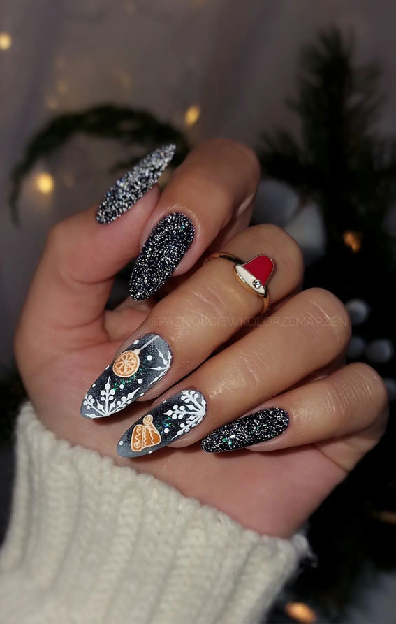 Festive Flourishes In Nail Art : Shimmery Black Nails with Snowflake ...