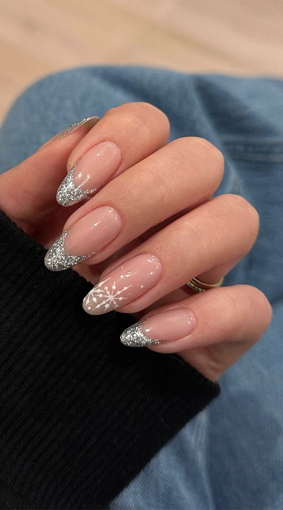 Glitter Nail Art Ideas for Glimmering Festivities : White Snowflake + Glitter Tip Nails