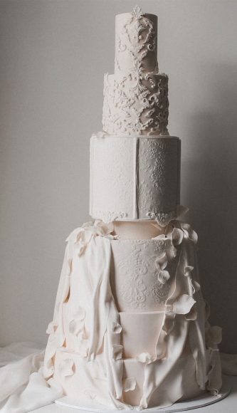 Elegant Bliss Wedding Cake Ideas : Lace Embossing and Sugar Draping