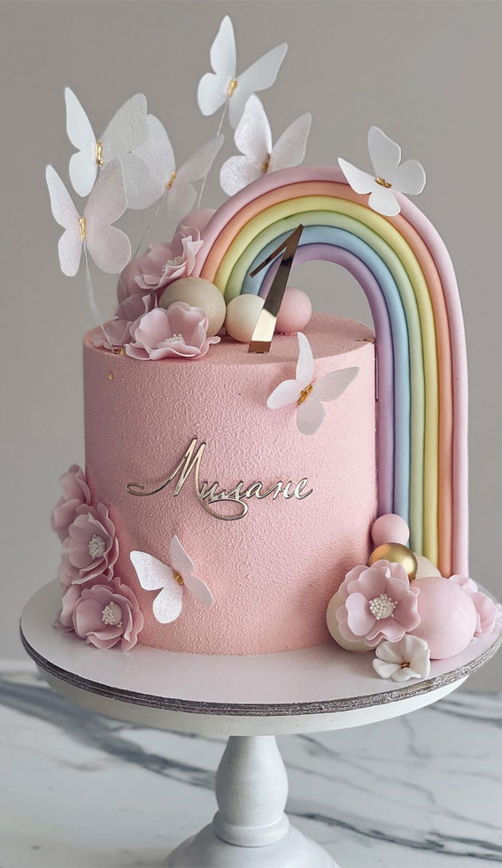 30 Birthday Cake Ideas for Little Ones : Pink Cake with Rainbow & Butterfly