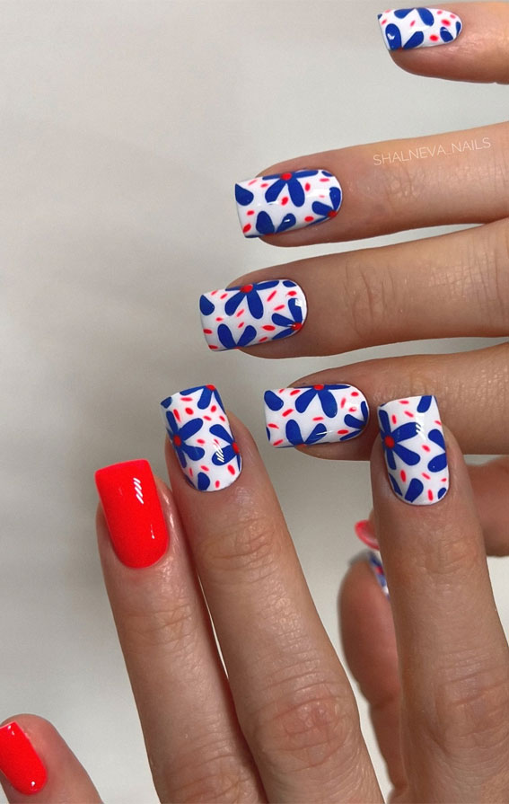 Unleash Your Style with These 40 Cute Nail Ideas : Blue Floral with Red Accent
