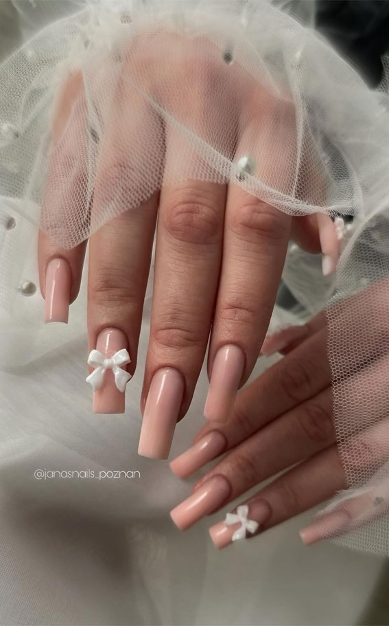 Unleash Your Style with These 40 Cute Nail Ideas : Simple Nude Nails with White Bows