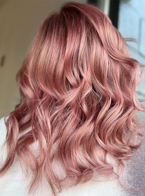 pink rose gold hair, pink hair color,  hair color trends, blonde hair, strawberry pink hair