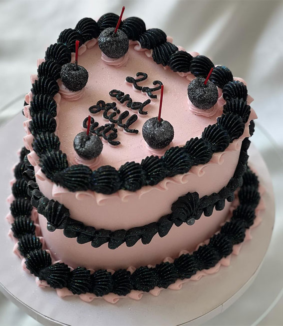 50 Birthday Cake Inspirations for Every Age : Black and Pink Heart Cake with Glitter Black Cherries
