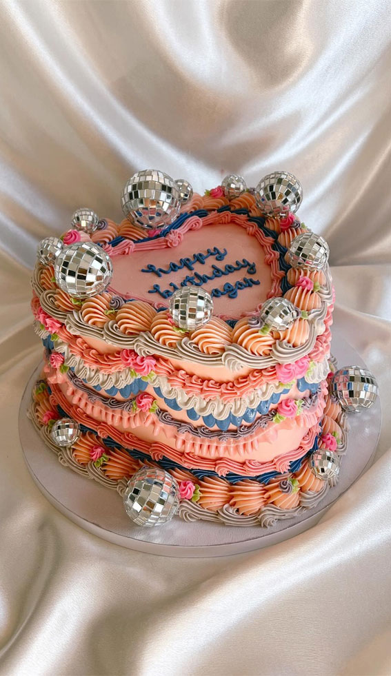 lambeth cake, buttercream cake, heart cake, lambeth heart cake, peach heart cake, disco cake, peach buttercream cake