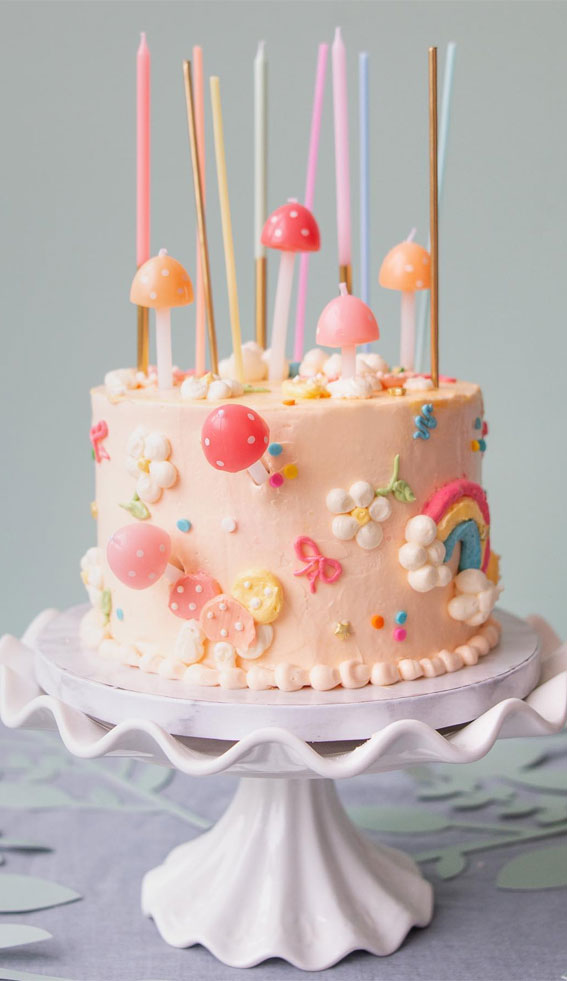 pastel cake, birthday cake, mushroom pastel cake, rainbow daisy cake
