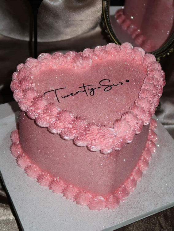 50 Birthday Cake Inspirations For Every Age : Glittery Pink Heart Cake for 26th Birthday