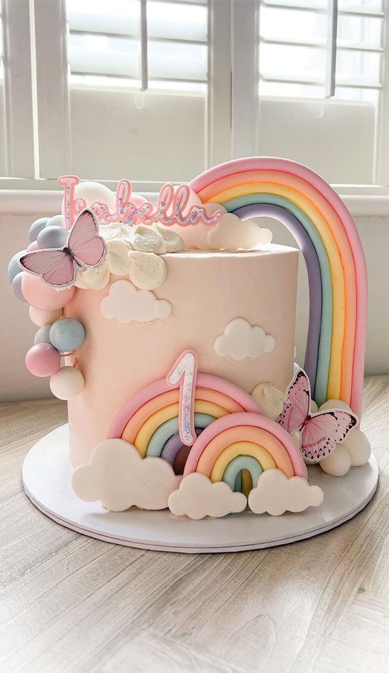 50 Birthday Cake Inspirations For Every Age : Pink Cake with Pastel Rainbow