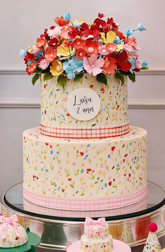 50 Birthday Cake Inspirations for Every Age : Colourful Floral Printed Cake for 2nd Birthday