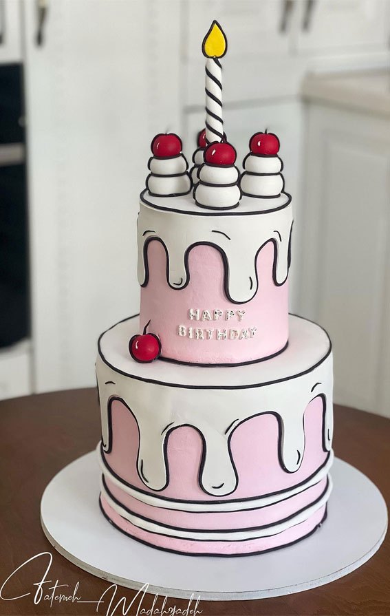 50 Birthday Cake Ideas To Delight And Impress : Playful Two-Tier Comic-Inspired Birthday Cake