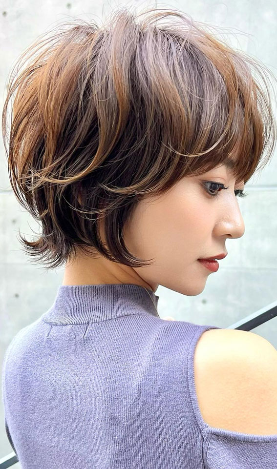 Exploring Chic Haircuts and Hair Trends : Golden Brown on Soft Textured Bixie with Fringe