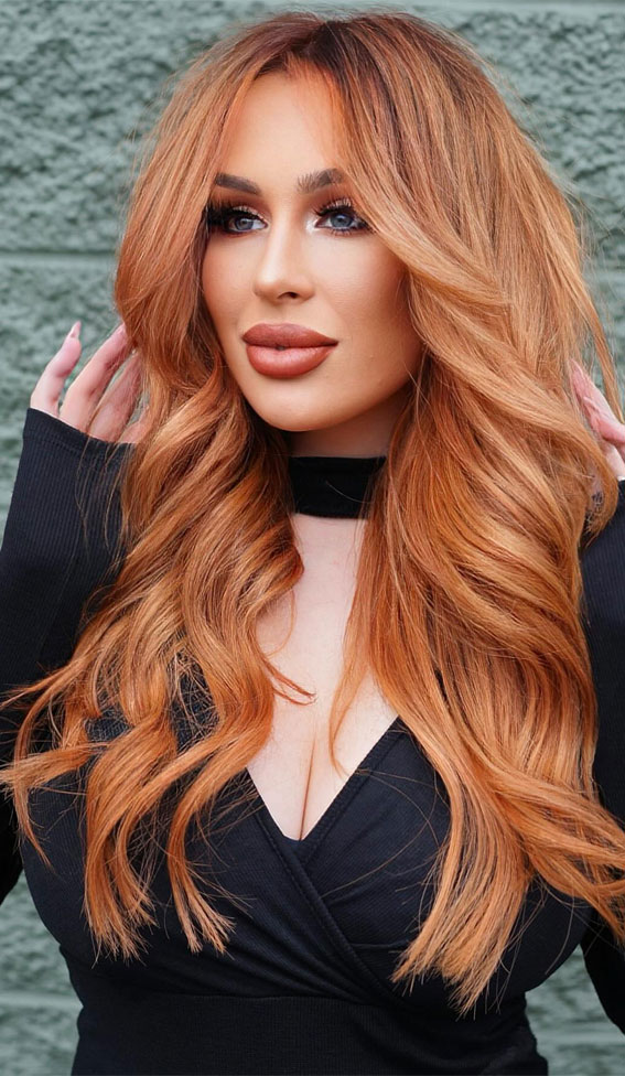 orange copper hair, copper hair with bangs, carrot cake inspired hair color, bright copper hair color