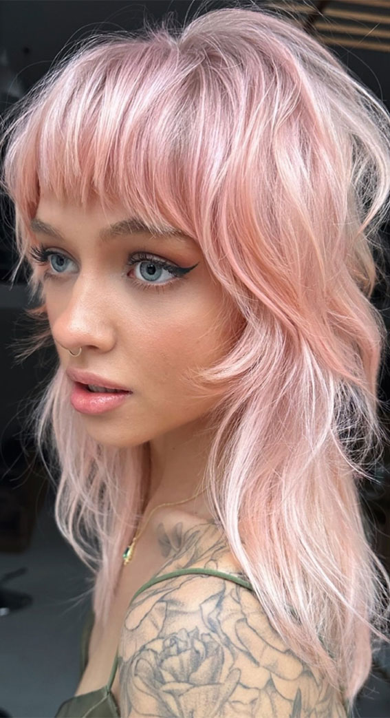 pink hair color, cotton candy hair color, shaggy haircut, shaggy pink hair