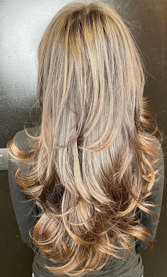 30 Fabulous Long Layered Haircut Ideas for 2024 : Espresso with Caramel Layered Wolf Cut