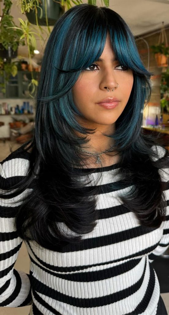 30 Fabulous Long Layered Haircut Ideas For 2024 : Y2k Teal Layered Haircut