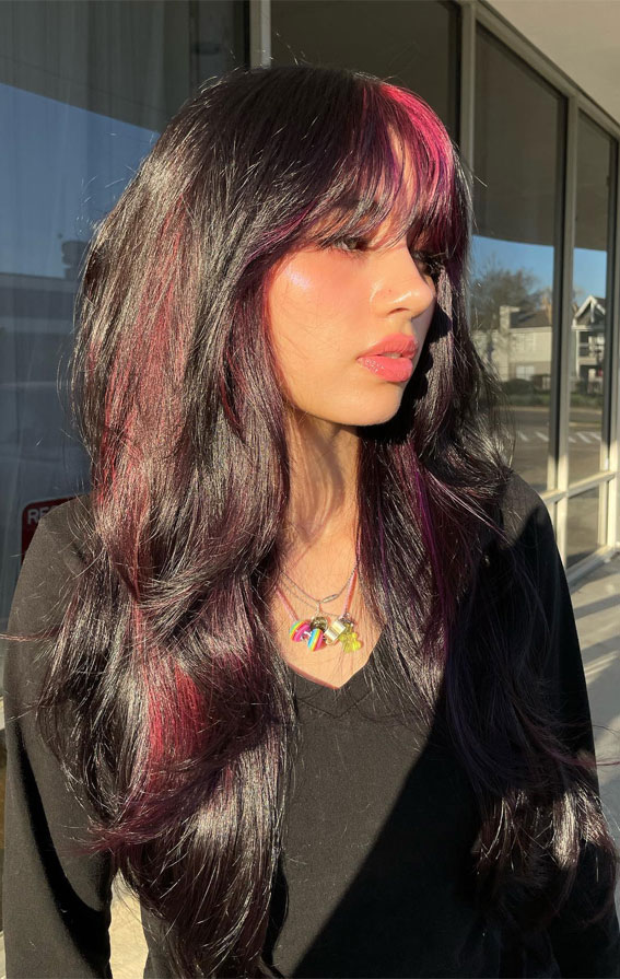 30 Fabulous Long Layered Haircut Ideas for 2024 : Wolf Cut Pink & Purple Peekaboo Highlights