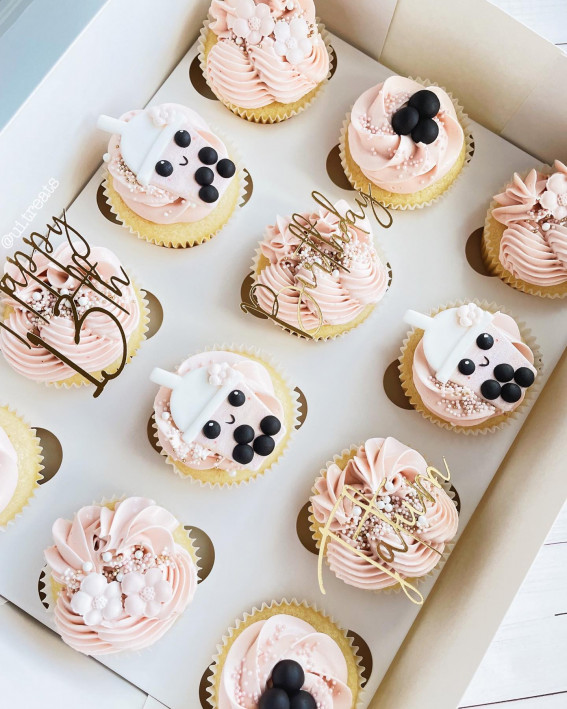 boba theme cupcake, daisy theme cupcakes, cupcakes, chocolate cupcakes, cupcake decorating ideas, cupcake decorating, birthday