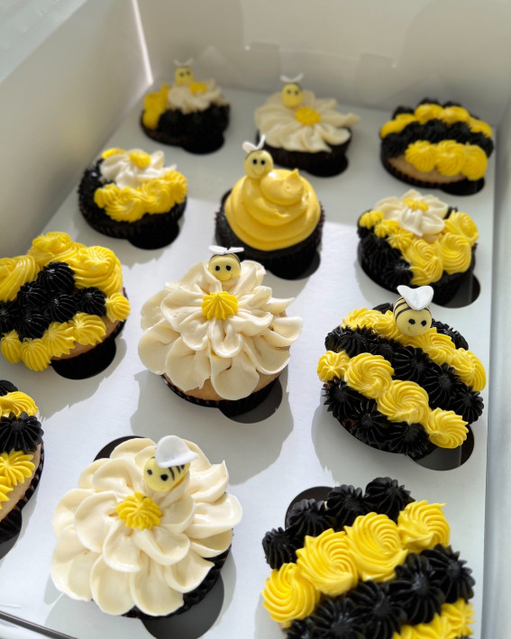 bee-themed cupcakes, cupcakes, cupcake decorating ideas, cupcake decorating, birthday cupcakes, theme cupcakes, 18th birthday cupcakes, cupcake decorating ideas for birthday, first birthday cupcakes