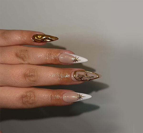 almond-shaped nails, Almond Nails with Gold Accents , almond nail designs, almond nail art, almond french tip nails