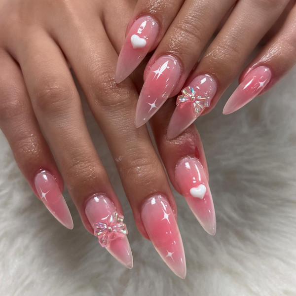 pink aura sheer almond nails, colourful aura nails, different colour nails, colourful aura almond nails, almond nail design