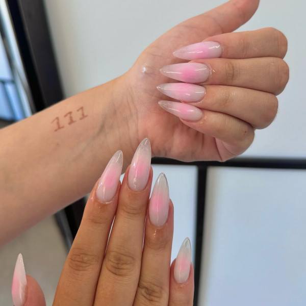 pink aura jelly almond nails, colourful aura nails, different colour nails, colourful aura almond nails, almond nail design