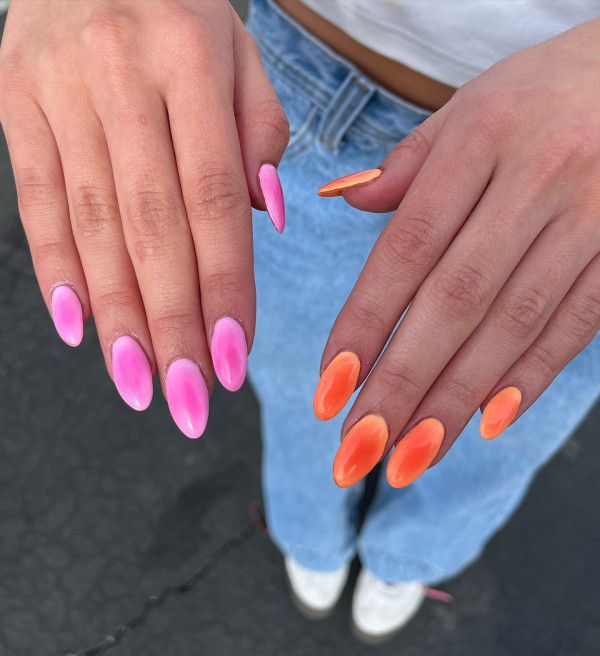 Cute Summer Nails with Pink Aura and Orange Aura