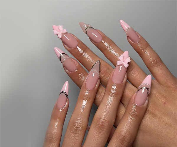 Classy Dainty Pink French Tip Almond Nail Designs with Pink Bows