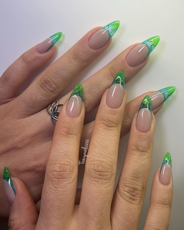Blue waterdrop-shaped encapsulated green jelly French tip almond nails, green jelly french tip almond nails, almond nail designs, french tip almond nails