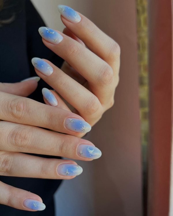 Almond-Shaped Celestial Blue Aura Nails : Sophisticated Manicure